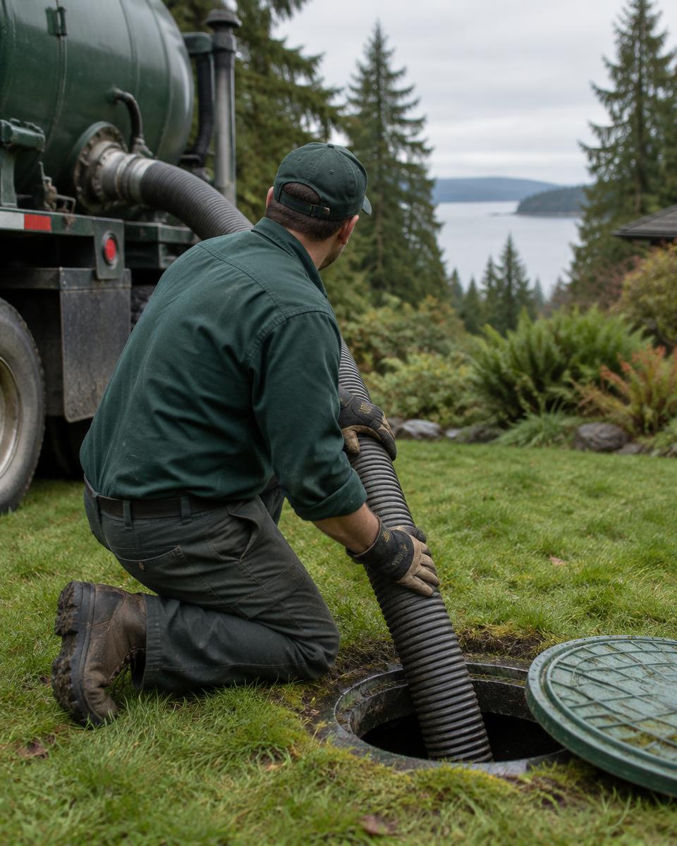 Bowen Pumping technician kneeling beside an open septic tank, guiding the vacuum hose