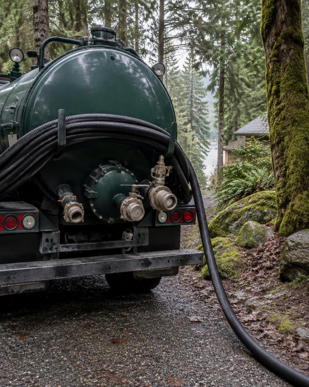 Rear valves and coiled hose of a green septic pumper truck on a forested gravel lane