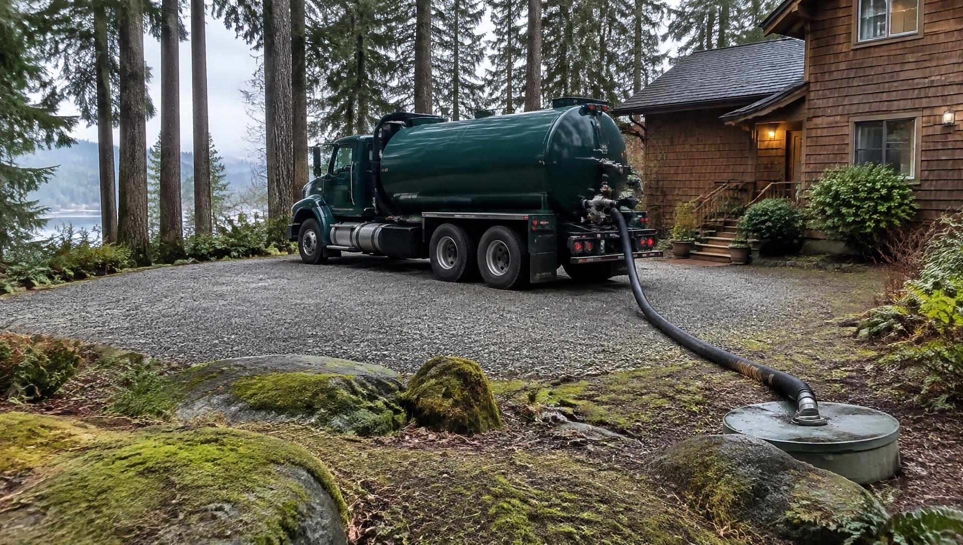 Septic pumper truck on a gravel driveway beside a cedar home in the forest, hose running to the tank lid